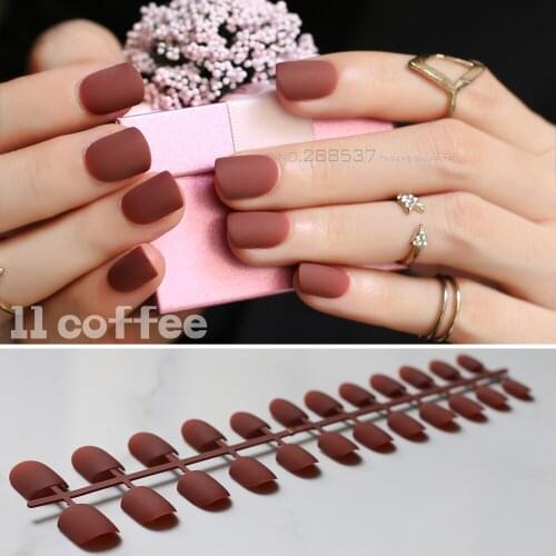Short Squoval fake Nails Coffee Brown Matte False nails 24pcs Full set wedding false Nails