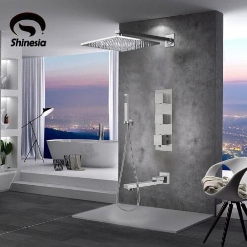 Brushed Nickle Thermostatic Shower Faucet Set Big Rain Shower Head Bath Shower Faucet System Bathroom Mixer with Handshower