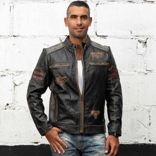 2020 Mens New Genuine Leather Brand Vintage Soft Cowhide Motorcycle Biker Embroidery Coat Spring Autumn Casual Jacket