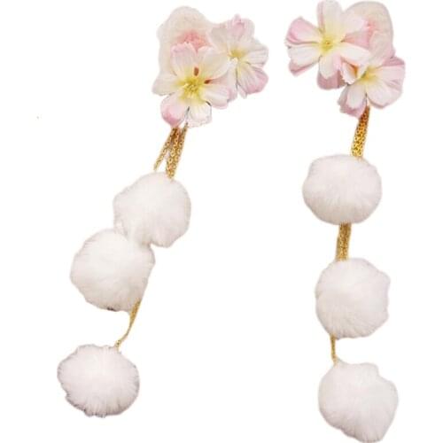 N7MF Furry Cat Ears Kitten Ear Headpiece Anime Cosplay Hair Clip with Furry Balls Flowers Animal Role Play Hair Accessory