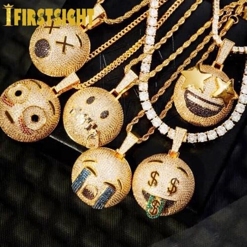 Gold Silver Color CZ Funny Face Pendant Necklace Iced Out Cubic Zirco Smiling Face Heart Eyes Choker Women Hip Hop Jewelry Gifts