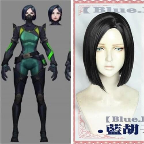 Game Valorant Viper Cosplay Wig Short Straight Black Cosplay Wigs Heat Resistant Synthetic Hair Halloween Role play + Wig Cap