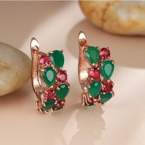 Rose Gold Green Zircon Earrings for Women Creative Charming OL Stud Earrings Girls' Ear Buckle Ear Clip Party Birthday Jewelry