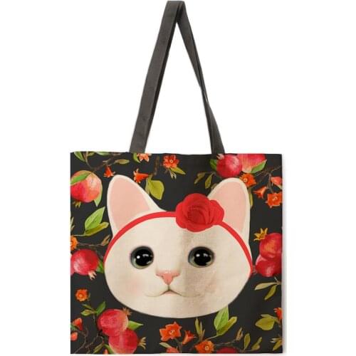 Flower bush cat printed tote bag linen fabric bag casual folding shopping bag outdoor beach bag daily handbag
