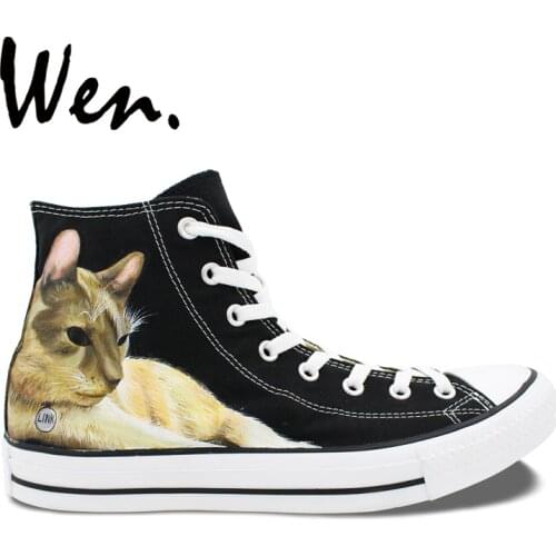 Wen Custom Original Hand Painted Shoes Design Pet Cat Lazy Lying Women Sneakers skateboard High Top Black Men Canvas Trainers