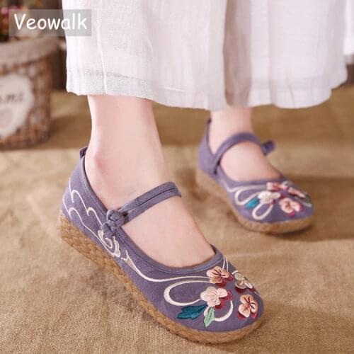 Veowalk Handmade Embroidered Women Soft Canvas Flats Vintage Ladies Casual Non-Skid Bottom Floral Cotton Fabric Sneaker Shoes