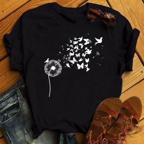 New Cartoon Birds and Dandelion Print Women Tshirt Casual T-shirt Fashion T Shirt Gift for Lady 90s Girls Tops Tee Female Clothe