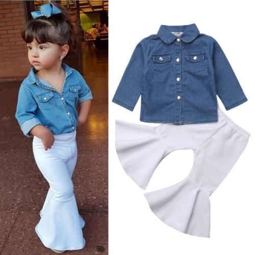 9M-4T Kids Baby Girl Clothes Long Sleeve Denim Tops+Flared Leggings Pants Trouser Outfit Set