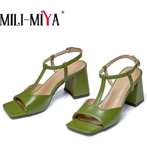 MILI-MIYA Brand Woman Summer Chunky High Heel Sandals T Strap Elegant Square Open Toe Sheepskin Ankle Buckle Strap Party Shoes