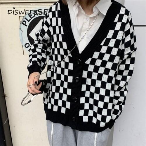 Black White Plaid V-neck Vest Woman Korean Long Sleeve Loose Single Breasted Knitted Cardigan Women Winter Warm Womens Sweaters