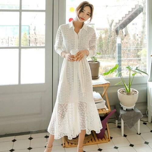 2021 Spring Hollow-out Lace Long Dress with Belt Single Breasted Elegant Mermaid Female Dress Full Sleeve Autumn Vestidos femme