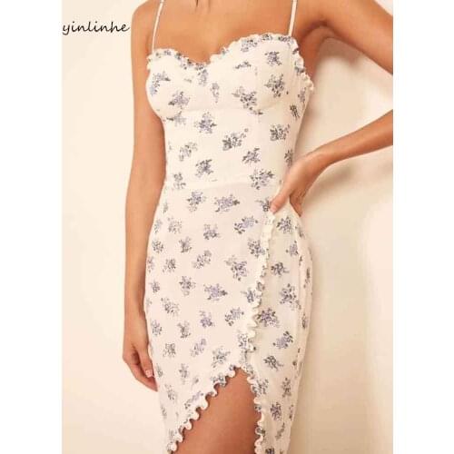 Yinlinhe High Waist Slim Vintage Dress Women Elasticity Strap Backless Summer Dress Beach Holiday Split Ruffles Vestidos 1462