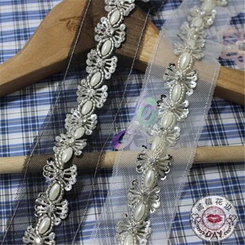 2yards 2cm Pearl Rhinestone Beaded Lace Trim Vintage Mesh Fabric Paillette Sequins Lace Collar Pearl Trim Braid Lace Applique