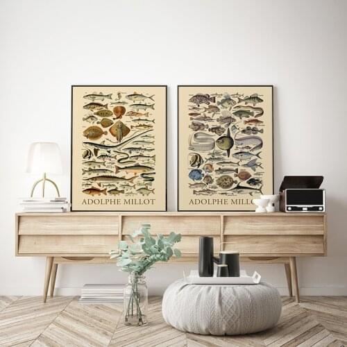 2021 Hot Sale Marine Animals Adolphe Millot Graphic Poster Retro Fish Biology Education Painting Classroom Study Hanging Picture