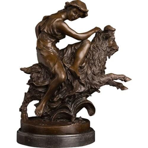 ArtsHom DS364 European Art Bronze Shepherdess with Goat Statue Sculpture Vintage Bronze Handmade Animal Figurines For Home Decor