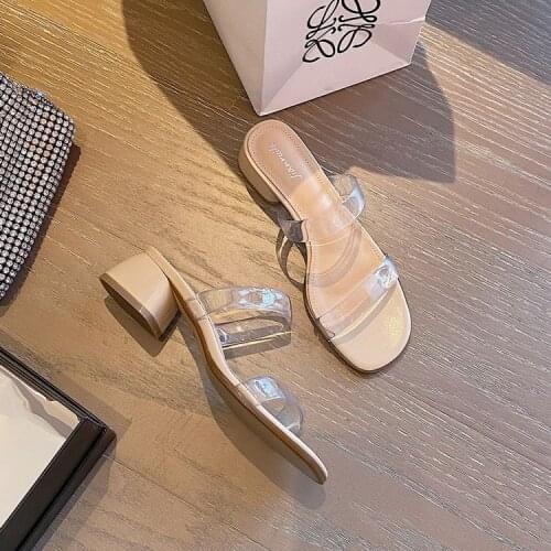Transparent Sandals Female 2021 Womens Summer New Thick Heel Mid-heel Fairy Style High Heels Sandals and Slippers Outer Wear
