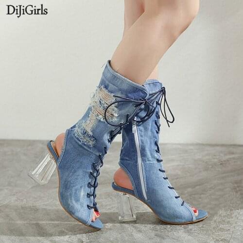 Women High Heels Fashion Cross Strappy Ankle Boots Summer Ladies Boots Womens Transparent Heel Fall Boots Booties Woman