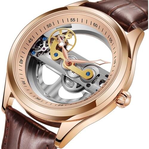 Fashion Transparent Single Bridge Watches Men Tourbillon Rose Gold Strap Automatic Mechanical Wristwatches Relogio Masculino
