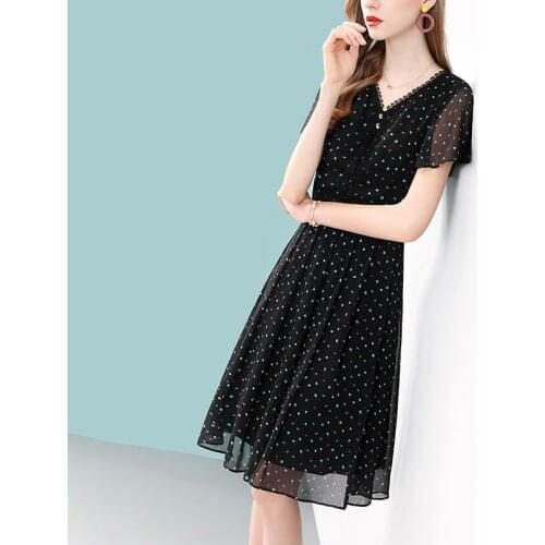 Black Polka Dot Dress Chiffon Women Summer Short Sleeve Pleat A-Line Dresses 2021 Vintage Party Knee Dress Elegant woman clothes