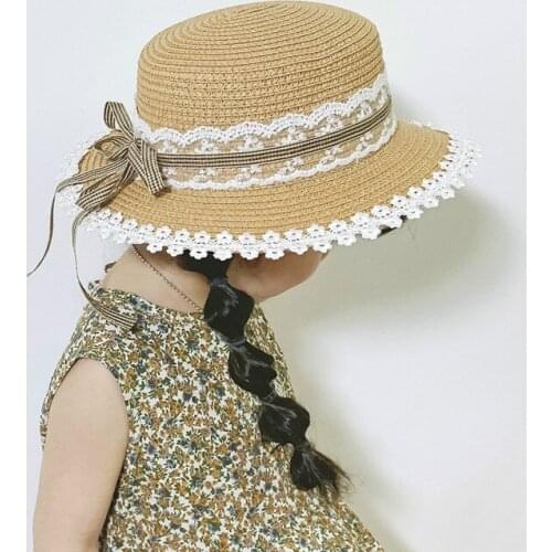 2021 Fashion Childrens Sweet Lace Straw Hat Baby Girls Spring And Summer Wide Brim Sun Hat