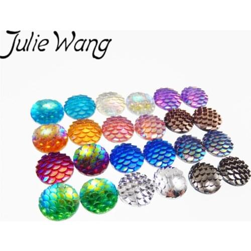 Julie Wang 100pcs/pack Mixed 12MM Resin Mermaid Fish Scale Round Resin Patch Little Girls Fairy Tale World Romantic Jewelry