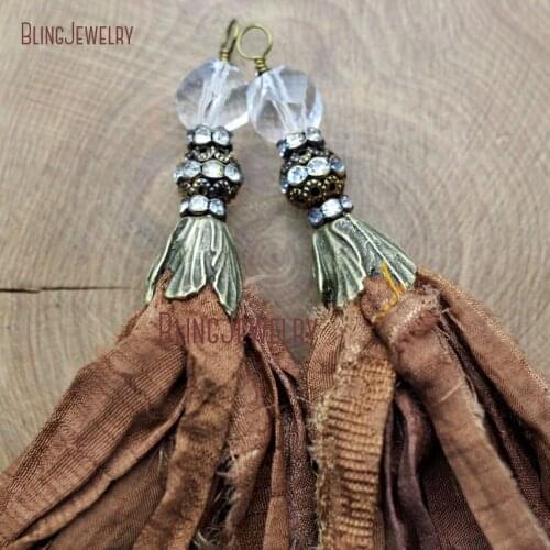 Brown Sari Silk Tassel Pendant with Antique Bronza Cap Crystal and Rhinestone Accent PM9047