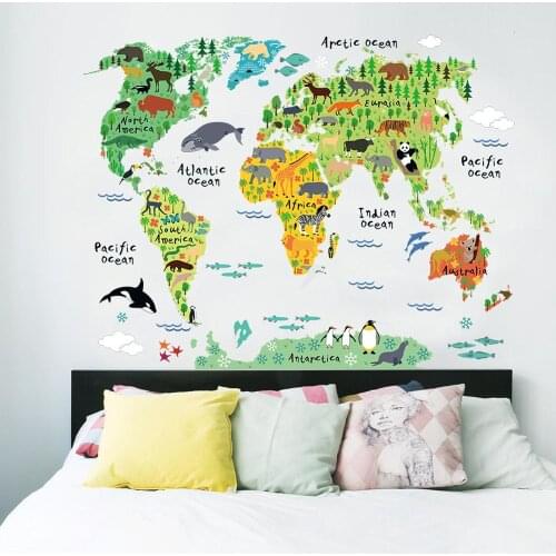 Colorful animal world map wall stickers living room home decorations pvc decal mural art diy office kids room wall art