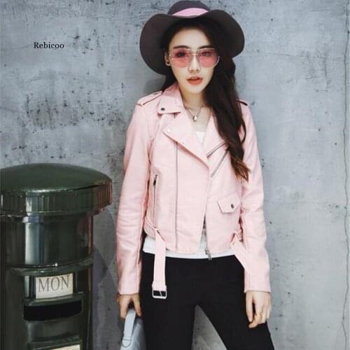 Pu Leather Jacket Women 5 Color Plus Size New Fashion Short Faux Leather Biker Jacket with Belt Cool Outwear Lady