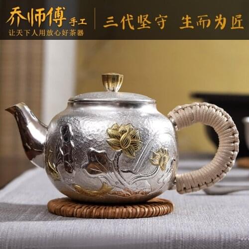 Master Qiaos handmade silver teapot pure silver 999 kettle full silver tea set home living room teapot