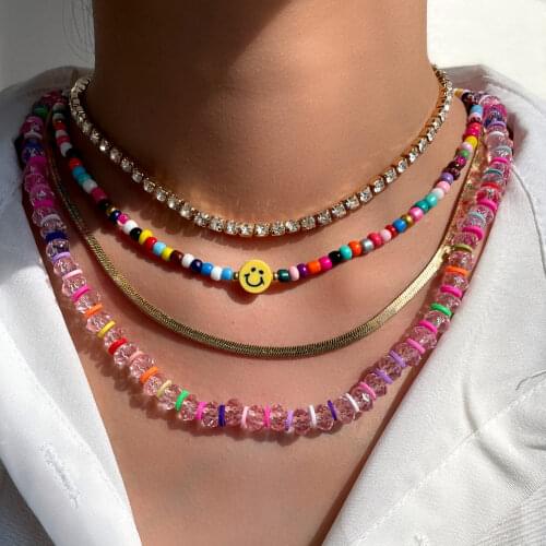 Sweet Layered Pink Crystal Glass Smiley Beaded Necklace Rhinestone Clavicle Chain Gold Snake Necklaces Korean Fashion Jewelry