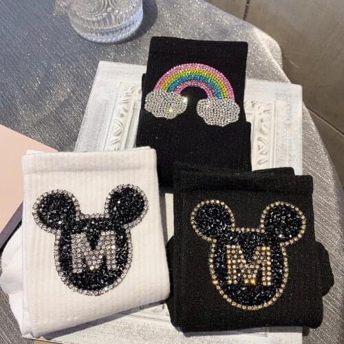 2021 New High Quality Fashion Girl Diamond Rainbow Mickey High Tube Thermal Socks Candy Color Rhinestone Crystal Socks
