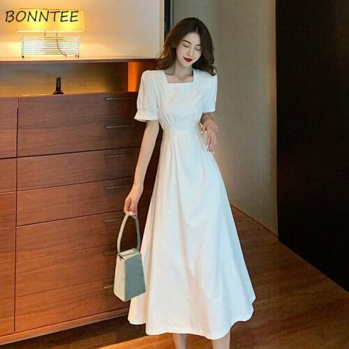 French Dresses Women Short Sleeve Vestidos Lace-up Solid Slim Sexy Elegant Feminine Square Collar Trendy Ladies Vintage Female