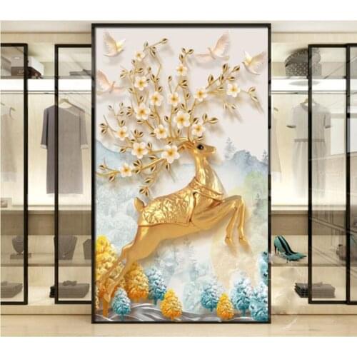 Custom 3D wallpaper 3D relief elk get rich tree European porch background wall decoration painting
