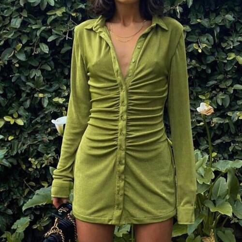 Sexy Slim Dress Women Mini Green Club Party Dress Turn-Down Collar Button Short Dresses Female Elegant Streetwear Shirt Y2K New