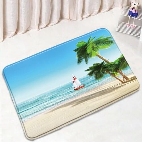 Tropical Beach Scenery Bathroom Mat Ocean Sailing Palm Tree Non-slip Toilet Mats Rugs Home Decor Bath Kitchen Doorway Carpet