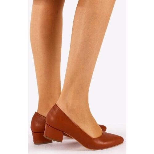 Sandra Womens PU Leather Tan Thick High Heels 2021 Fashion Casual Pointed Toe Shoes Heel Slippers Summer Pumps