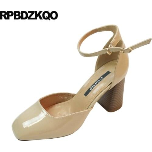 Closed Patent Leather Shoes Nude Ladies Party 2018 Ankle Strap Pumps Cool Square Toe Thick Sandals Vintage Size 4 34 High Heels