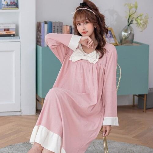 Fdfklak Long-Sleeved Korean Sweet Bow Loose Night Dress M-XXL Plus Size Cotton Lingere Women Nightgown Sleep Shirts Autumn