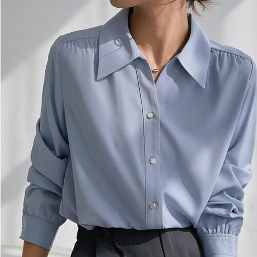 2021 Autumn Vintage Shirts Loose Solid Women Chiffon Blouse Korean Fashion Button Long Sleeve Casual Office Ladies Tops Femme