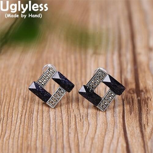 Uglyless Faceted Black Agate Studs Earrings for Women Dress Square Earrings Hollow Rhombus Brincos 925 Silver Fashion Jewelry