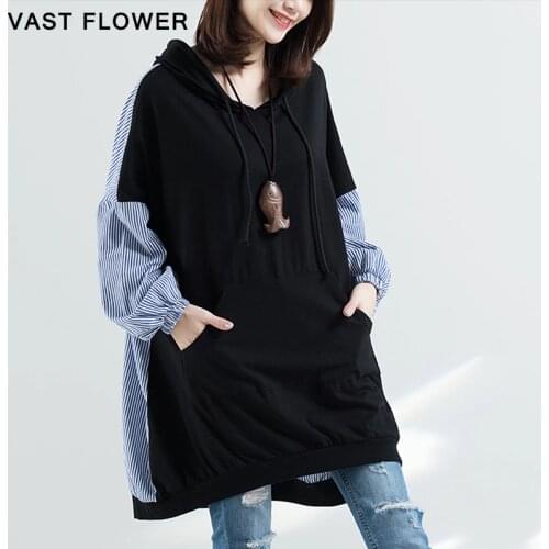 Plus Size Striped Hoodies Women Pullover Patchwork 2021 Spring Autumn Clothes Long Loose Casual Pocket Drawstring Sweatshirt