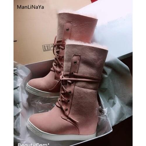 Cow Suede Wedges Round Toe Women Boots Warm Winter Shearling Height Increasing Female Snow Boots Cross-tied Women Ladies Shoes