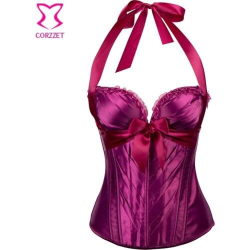 Purple Satin Bows Halter Neck Push Up Bustier Sexy Corset Burlesque Costumes Gothic Korsett For Women 6XL Corpetes E Espartilhos