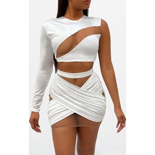 Fall Spring Women Bodycon Fashion Suit Mesh Splicing One-Shoulder Crop Tops+Ruched Mini Skirts Long Sleeve Sexy Ladies Clothes