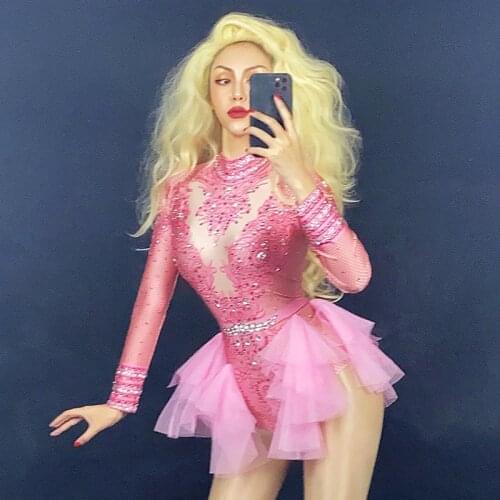 New Pink Full Diamond Long Sleeve Bodysuit Nightclub Bar Female Singer DJ DS Stage Costume Birthday Outfits For Women DNV13566