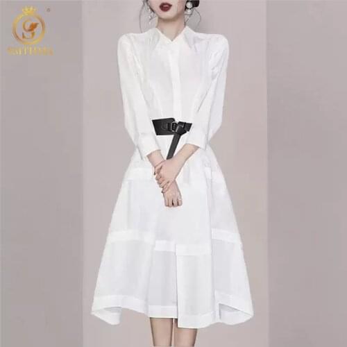 SMTHMA Korean Chic Loose Summer Dress Womens Half Sleeve White Party Dresses Vestidos New Fashion Female Clothes With Belt