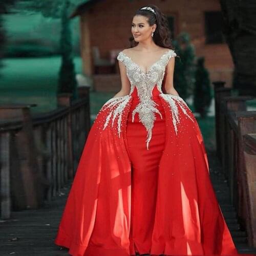 Generous Dubai Evening Dress for Women Bead Long Luxury V-Neck Crystal Handmade Arabic Prom Formal Party Gown Removable Skirt