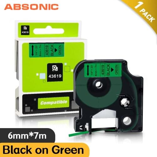 Absonic 6mm 43619 Black on Green Label Tape for Dymo Tape D1 Compatible for DYMO Manager 160 280 260P 420P PnP 220P LabelMaker