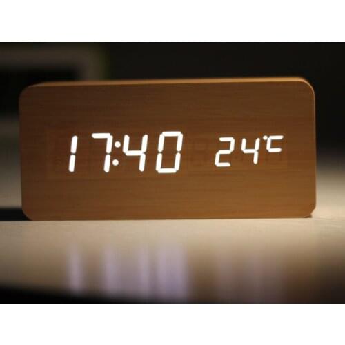 Promotion! Quality Digital LED Alarm Clock Sound Control Wooden Despertador Desktop Clock USB/AAA Powered Temperature Display