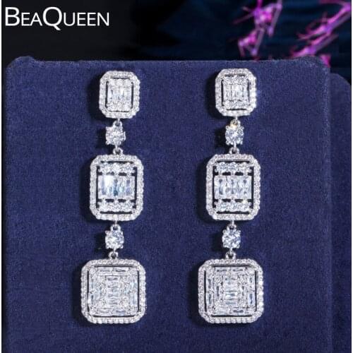 BeaQueen Brilliant Baguette CZ Crystal Micro Pave Cubic Zircon Long Square Drop Hanging Earrings Wedding Jewelry for Women E380